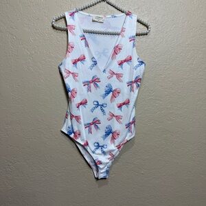 Nanamac Patriotic Bow Ribbed Bodysuit Tank Red White Blue Flag American Small